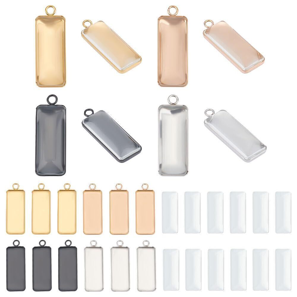 2517 24 Sets 4 Colors Rectangle Cabochon Pendants 10x25mm Tray Blank